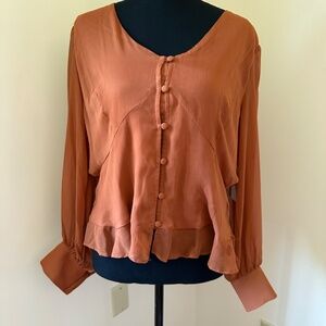 *NINE WEST* Orange Long Sleeve Sheer Button Down Top NWT Size XL